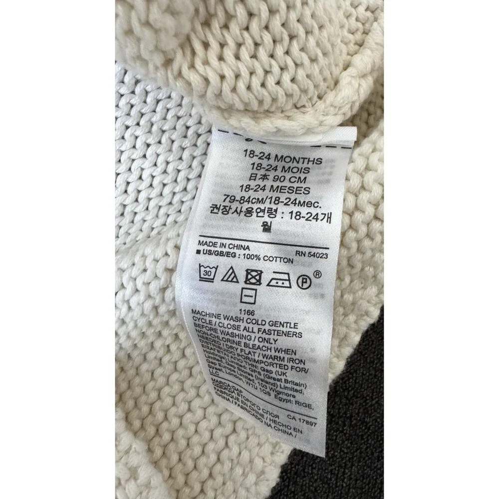 Baby Gap 18/24 Unisex Ivory Knit Full Zip Hooded Sweater Preppy 100% Cotton